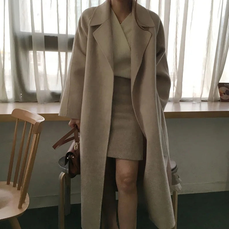 Elegant Belted Long Wool Drop Shoulder Overcoat