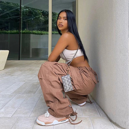 Cargo Pants - Casual Straight Leg Wide Pants with Pockets