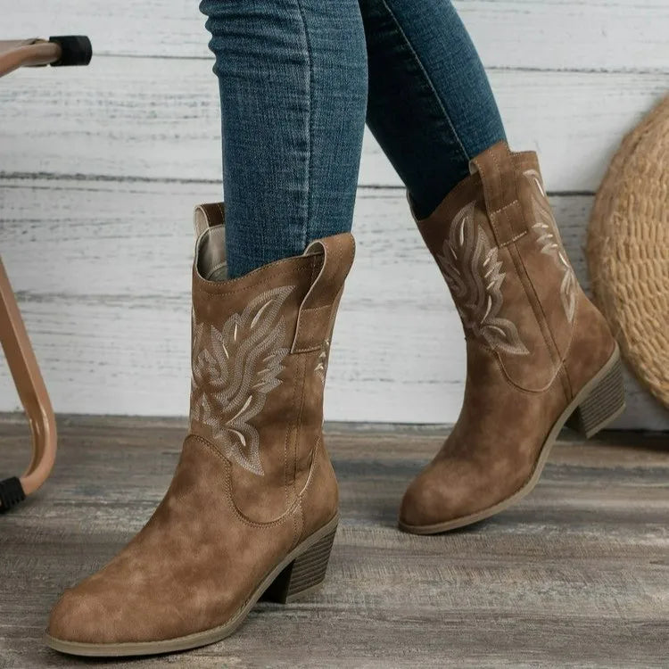 Retro Western Cowboy Genuine Leather Mid-Calf Riding Boots