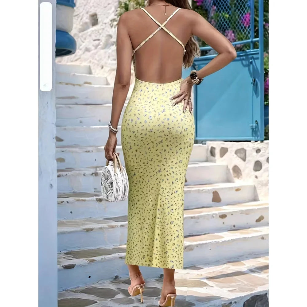 Floral V-Neck Maxi Spaghetti Strap Bodycon Summer Dress