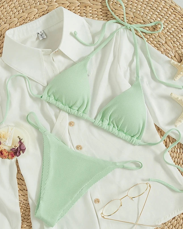 Ribbed Bikini Set with Printed Pattern - Sexy Two-Piece Swimsuit