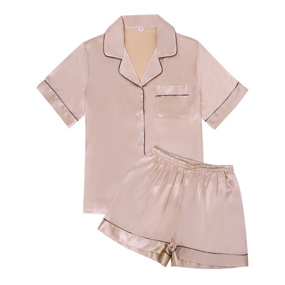 Satin Pajama Set - Short Sleeve Top & Elastic Waist Shorts