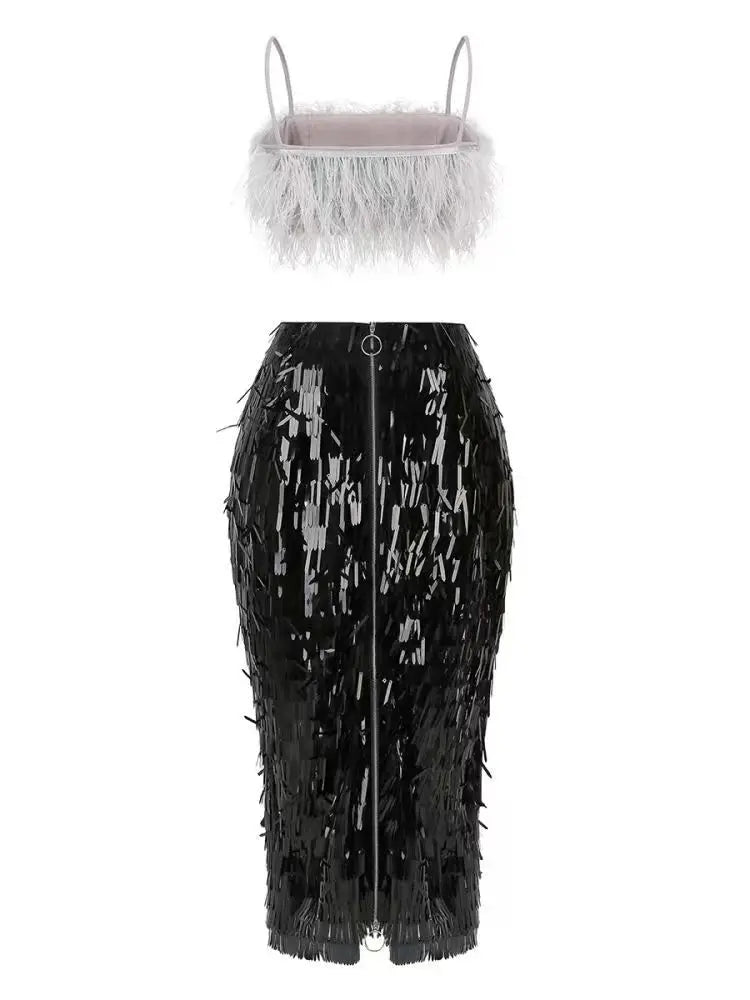 Feather Crop Top & Sequin Bodycon Skirt