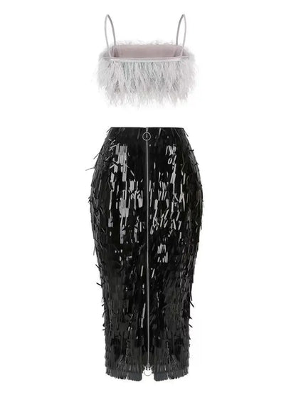 Feather Crop Top & Sequin Bodycon Skirt