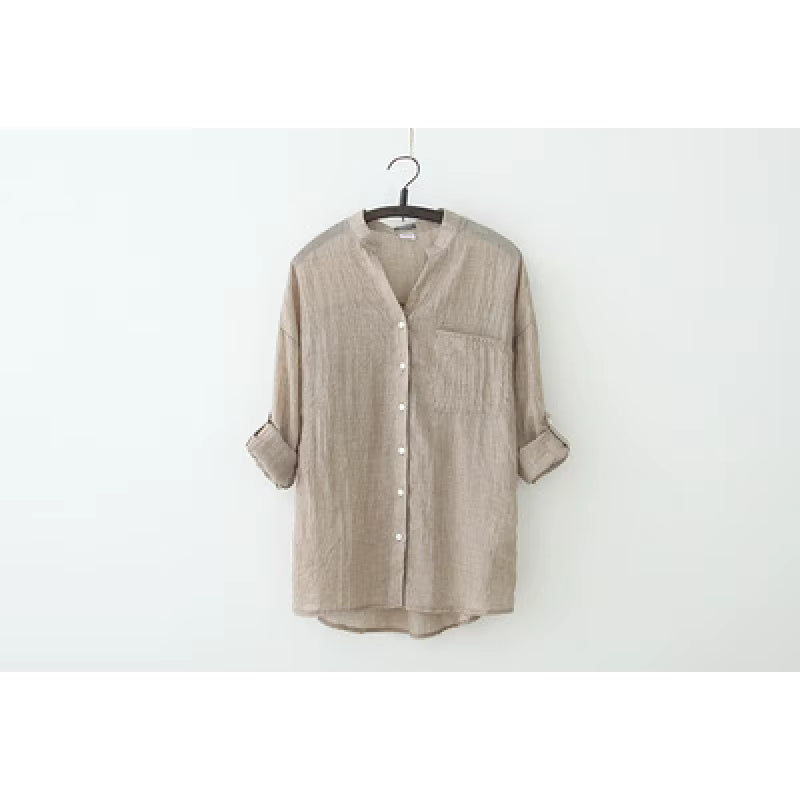 Cotton Linen Button-Up Blouse Loose Fit Casual Shirt