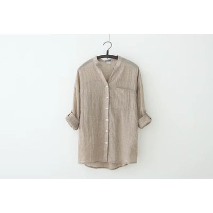 Cotton Linen Button-Up Blouse Loose Fit Casual Shirt