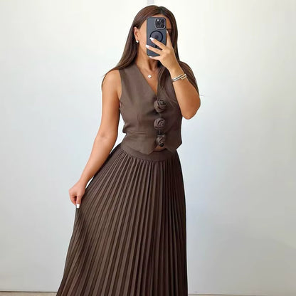 V-Neck Sleeveless Flower Vest & Pleated Long Skirt