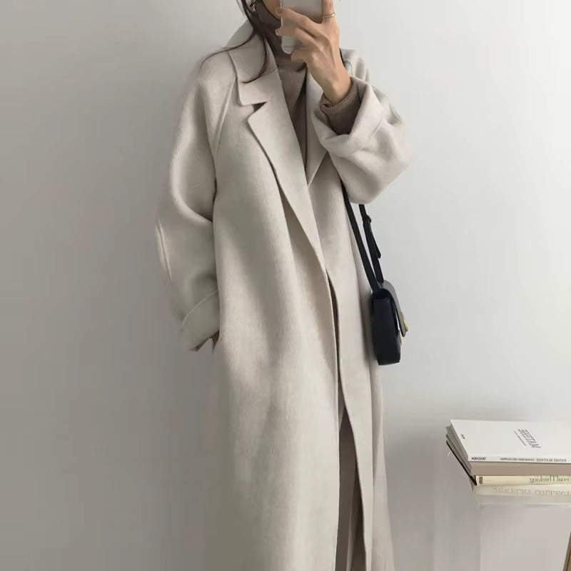 Elegant Belted Long Wool Drop Shoulder Overcoat
