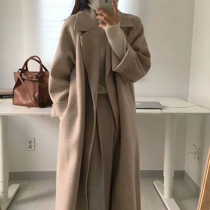 Elegant Belted Long Wool Drop Shoulder Overcoat