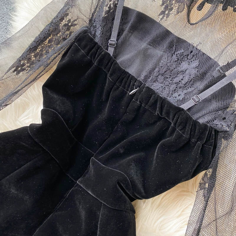 Lace Two Piece Set - Solid Color Autumn Tops