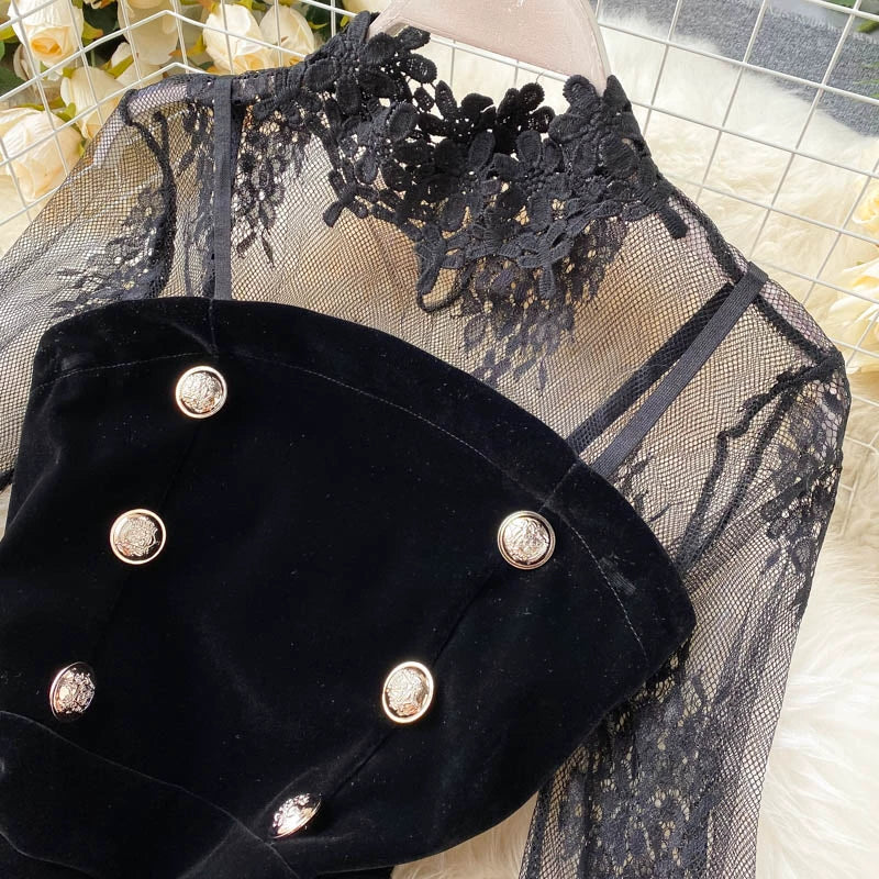 Lace Two Piece Set - Solid Color Autumn Tops