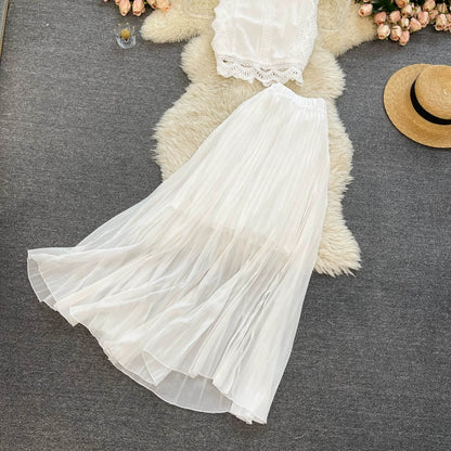 Two Piece Lace Set - Casual Top & High Waist Pleated Skirt