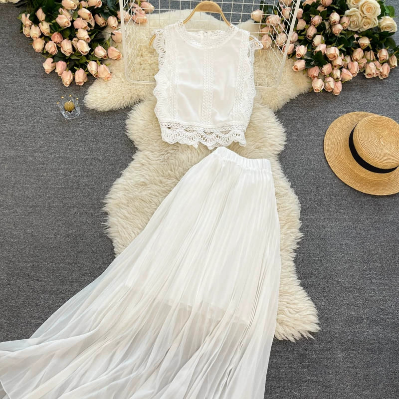 Two Piece Lace Set - Casual Top & High Waist Pleated Skirt