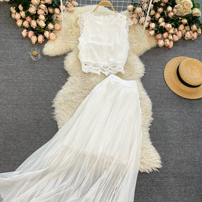 Two Piece Lace Set - Casual Top & High Waist Pleated Skirt