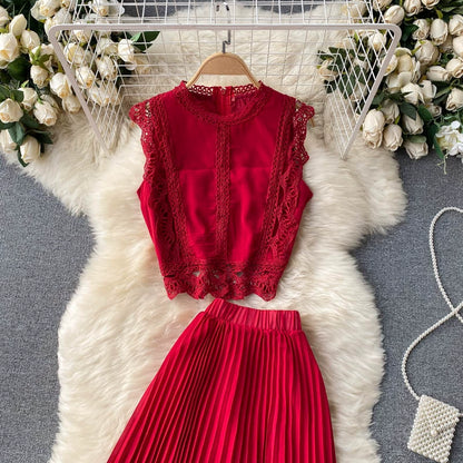 Two Piece Lace Set - Casual Top & High Waist Pleated Skirt