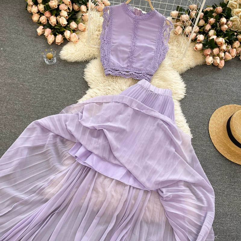 Two Piece Lace Set - Casual Top & High Waist Pleated Skirt