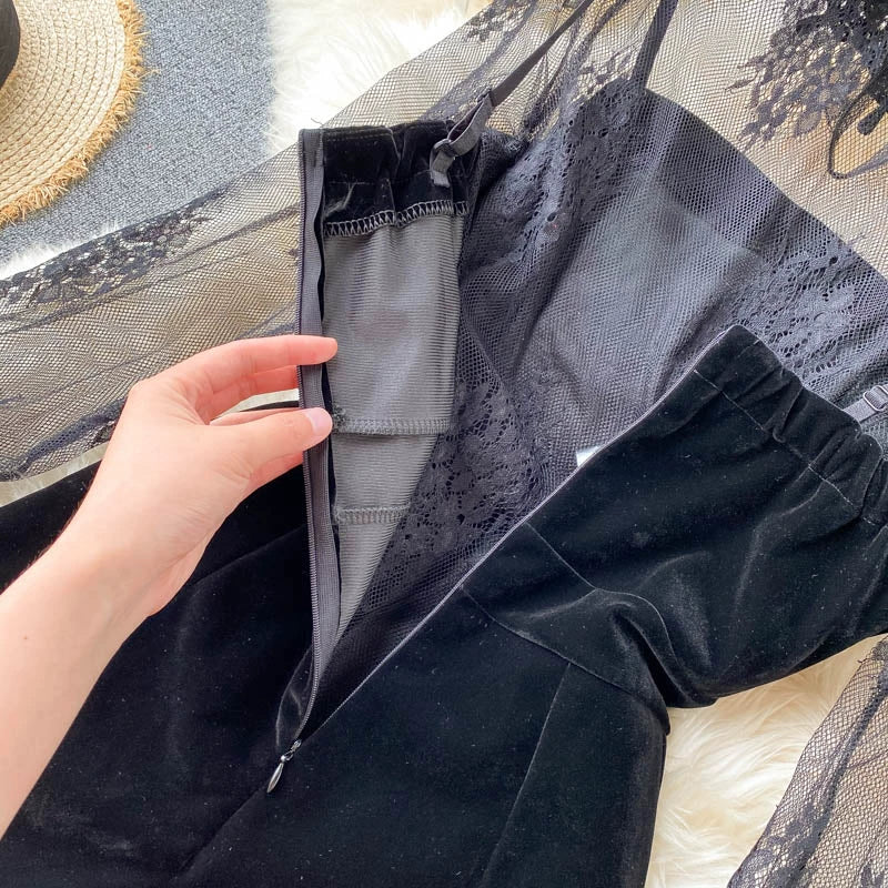 Lace Two Piece Set - Solid Color Autumn Tops