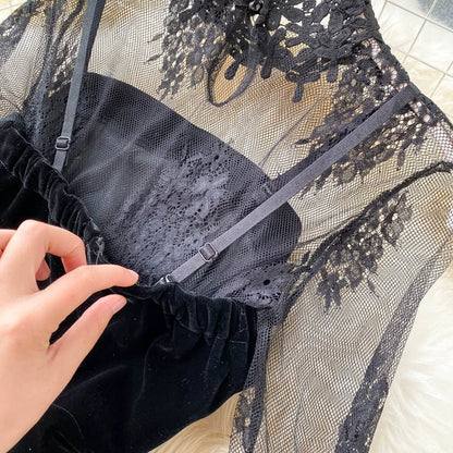 Lace Two Piece Set - Solid Color Autumn Tops