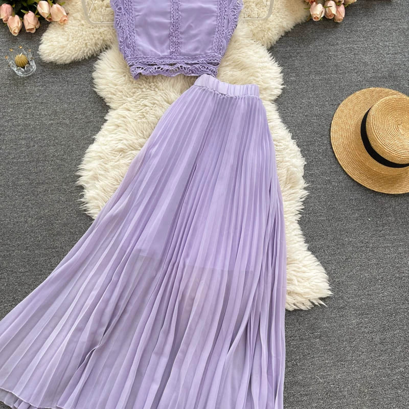 Two Piece Lace Set - Casual Top & High Waist Pleated Skirt