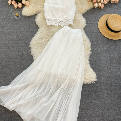 Two Piece Lace Set - Casual Top & High Waist Pleated Skirt