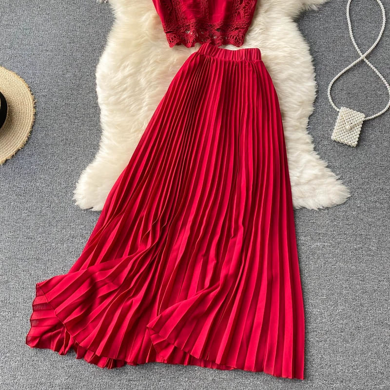 Two Piece Lace Set - Casual Top & High Waist Pleated Skirt