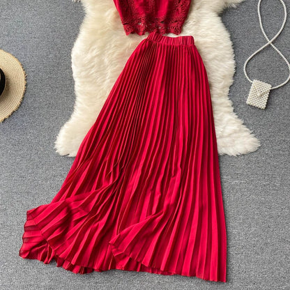 Two Piece Lace Set - Casual Top & High Waist Pleated Skirt