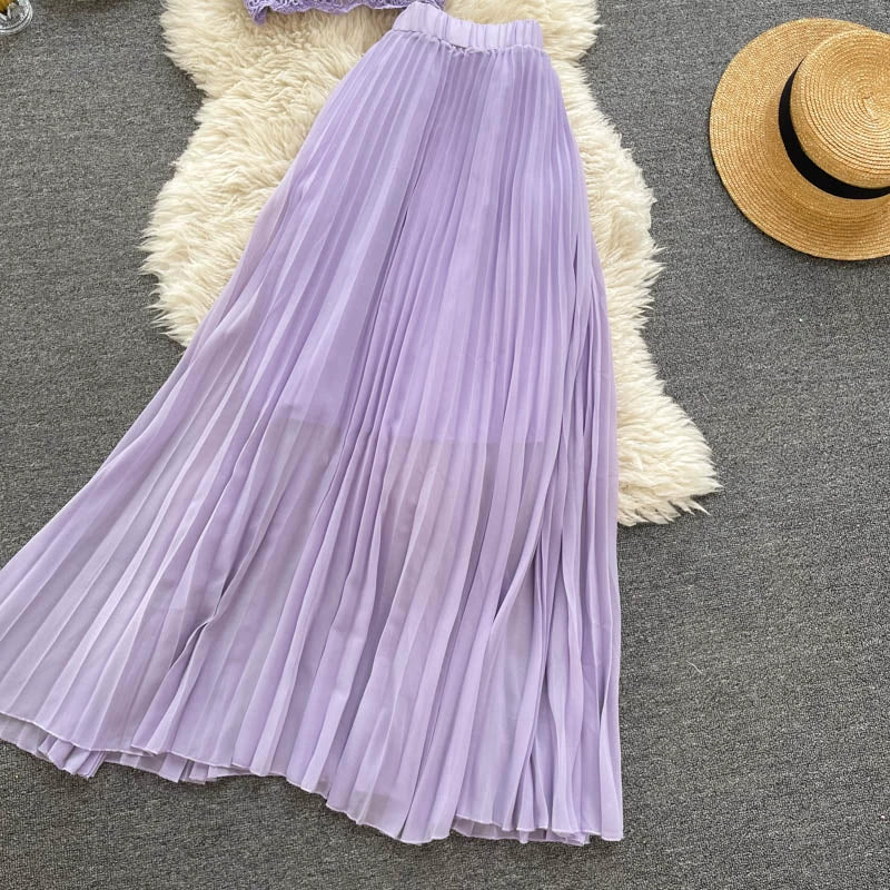 Two Piece Lace Set - Casual Top & High Waist Pleated Skirt