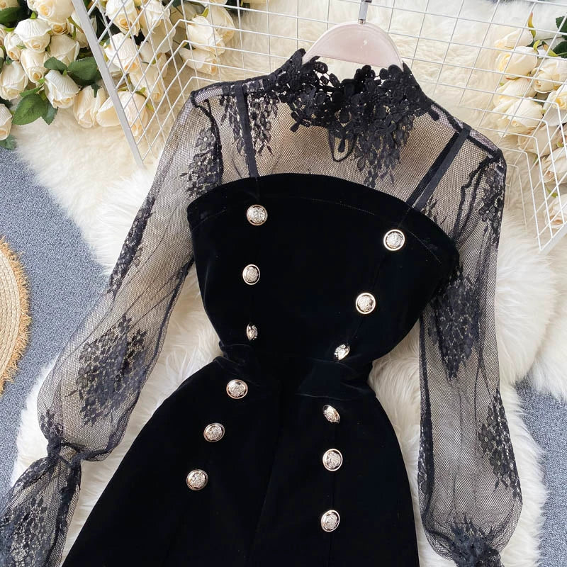 Lace Two Piece Set - Solid Color Autumn Tops