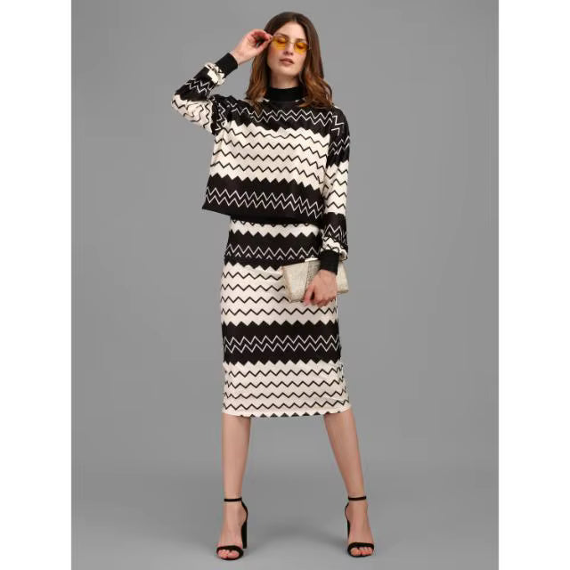 2-Piece Set - High Neck Printed Crop Top & Midi Pencil Skirt