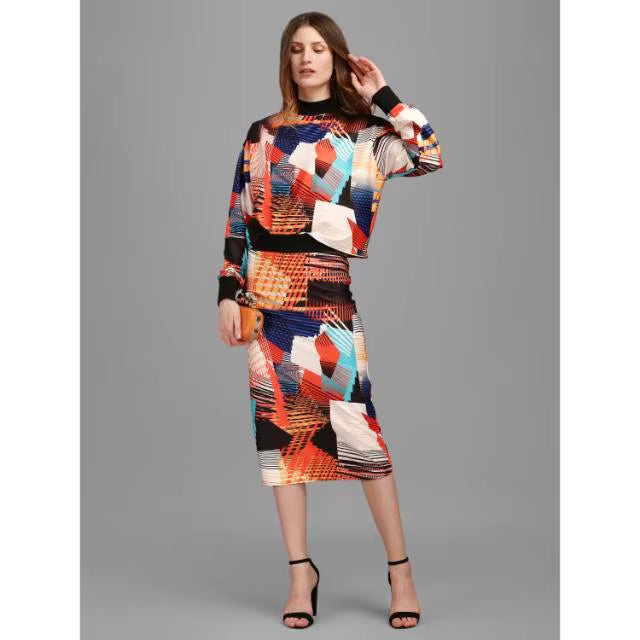 2-Piece Set - High Neck Printed Crop Top & Midi Pencil Skirt