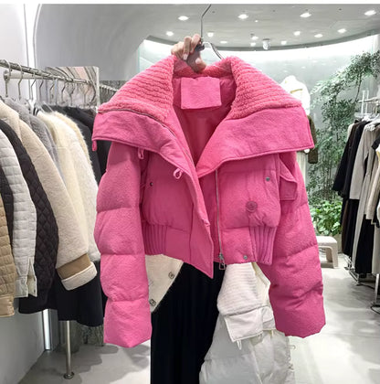 Women's Short Parka Jacket - Casual Stand Collar Zipper Winter Coat
