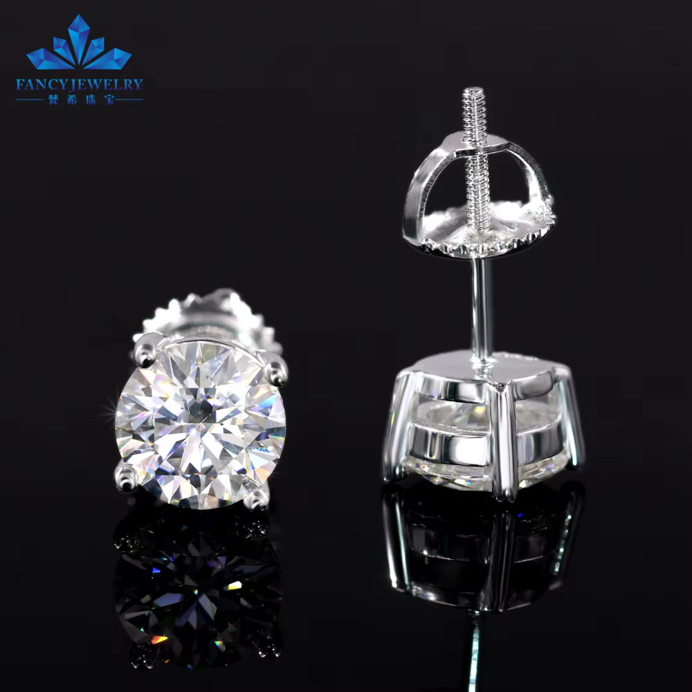 Moissanite Stud Earrings - 925 Sterling Silver Screw Back (0.5ct-2ct)