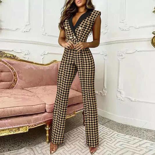 Sleeveless Houndstooth Jumpsuit - V-Neck Button Front
