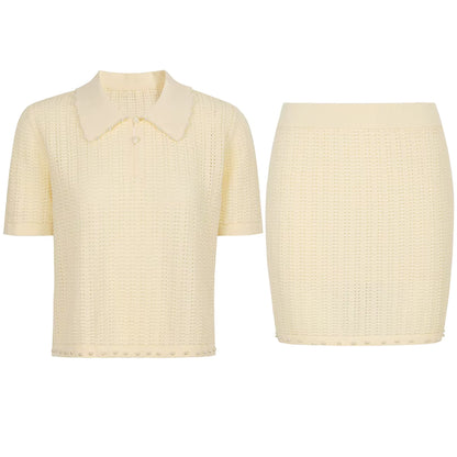 Two Piece Knit Beaded Set - Short Sleeve Top & Skirt