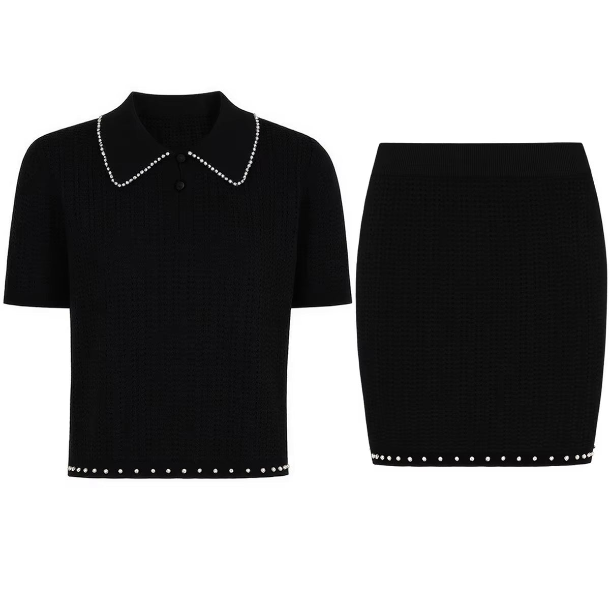 Two Piece Knit Beaded Set - Short Sleeve Top & Skirt