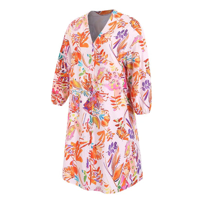 Plus Size Floral Print Midi Shirt Dress - Long Sleeve Vacation Dress