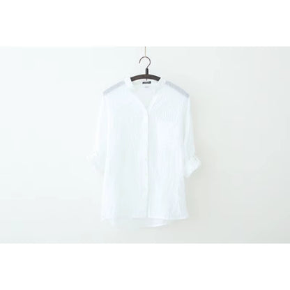Cotton Linen Button-Up Blouse Loose Fit Casual Shirt